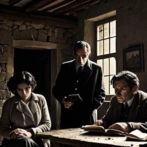 Home 15 **Prompt:** A dramatic, film noir style image depicting a tense family gathering in a rustic Italian countryside setting. Rain streaks down the windows of an old stone farmhouse. Subdued lighting emphasizes the dark secrets and simmering resentments among the family members. In the center, a detective subtly observes, notebook in hand.