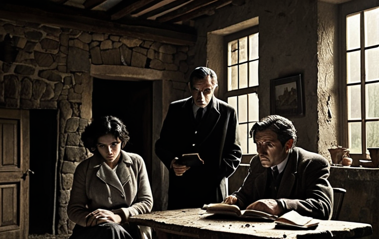 **Prompt:** A dramatic, film noir style image depicting a tense family gathering in a rustic Italian countryside setting. Rain streaks down the windows of an old stone farmhouse. Subdued lighting emphasizes the dark secrets and simmering resentments among the family members. In the center, a detective subtly observes, notebook in hand.