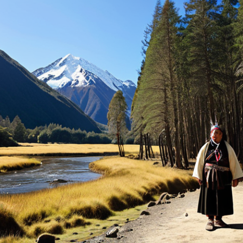 Home 14 **Prompt 1: Wallmapu and Küme Mongen (Harmony with Nature)**
"A visually rich and serene image capturing the profound spiritual connection of the Mapuche people with their ancestral land, the Wallmapu. Feature a dignified Mapuche elder or group in traditional attire, standing amidst a vibrant and mystical natural landscape of ancient forests, sacred mountains, and flowing rivers. The scene should convey the concept of 'Küme Mongen' (good living) – harmony, balance, and deep respect between humans and nature. Incorporate elements that suggest the land as a living entity, perhaps with soft, ethereal light illuminating the trees and a sense of deep memory and ancestral presence. The overall mood should be reverent, tranquil, and deeply rooted in indigenous wisdom, highlighting the sacredness of the environment."