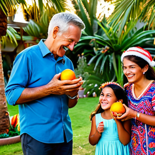 Home 7 **Prompt:** A joyful multi-generational family, fully clothed in modest, appropriate summer attire, celebrating Christmas outdoors in a vibrant Chilean garden. Lush exotic plants and palm trees are adorned with sparkling string lights and colorful garlands featuring fresh local flowers and seasonal fruits. Children are playing nearby, illuminated by warm, long sunset light. The atmosphere is authentic, lively, and festive. Professional photography, high quality, perfect anatomy, correct proportions, natural pose, well-formed hands, proper finger count, natural body proportions, safe for work, appropriate content, family-friendly.