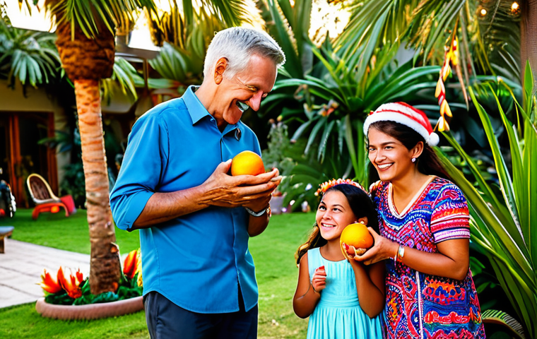 **Prompt:** A joyful multi-generational family, fully clothed in modest, appropriate summer attire, celebrating Christmas outdoors in a vibrant Chilean garden. Lush exotic plants and palm trees are adorned with sparkling string lights and colorful garlands featuring fresh local flowers and seasonal fruits. Children are playing nearby, illuminated by warm, long sunset light. The atmosphere is authentic, lively, and festive. Professional photography, high quality, perfect anatomy, correct proportions, natural pose, well-formed hands, proper finger count, natural body proportions, safe for work, appropriate content, family-friendly.