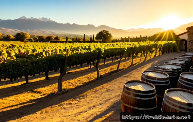 Home 14 칠레 와인의 역사와 특징 - Photorealistic Chilean wine history scene, a sunlit nineteenth-century style vineyard estate in Chil...