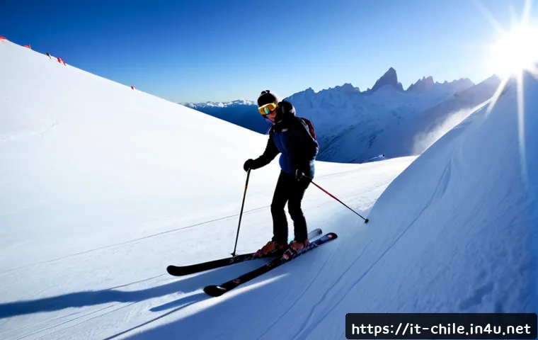 칠레의 스키 및 겨울 스포츠 - Photorealistic wide-angle winter scene in the Chilean Andes near Santiago, Italian couple in modern ...